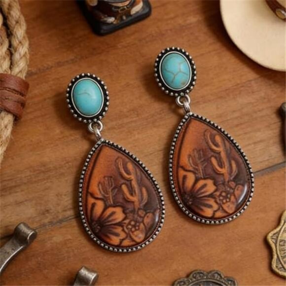 Western Earrings Outfit for Women Oval Silver Earrings Dangle Turquoise Western - Picture 6 of 8